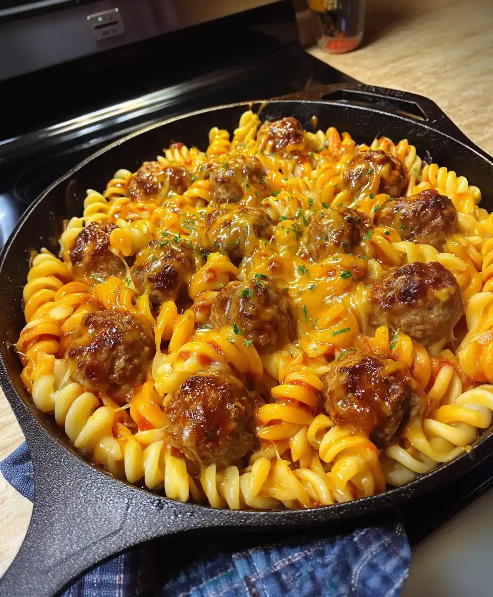 BBQ Ranch Meatball & Cheddar Pasta Skillet